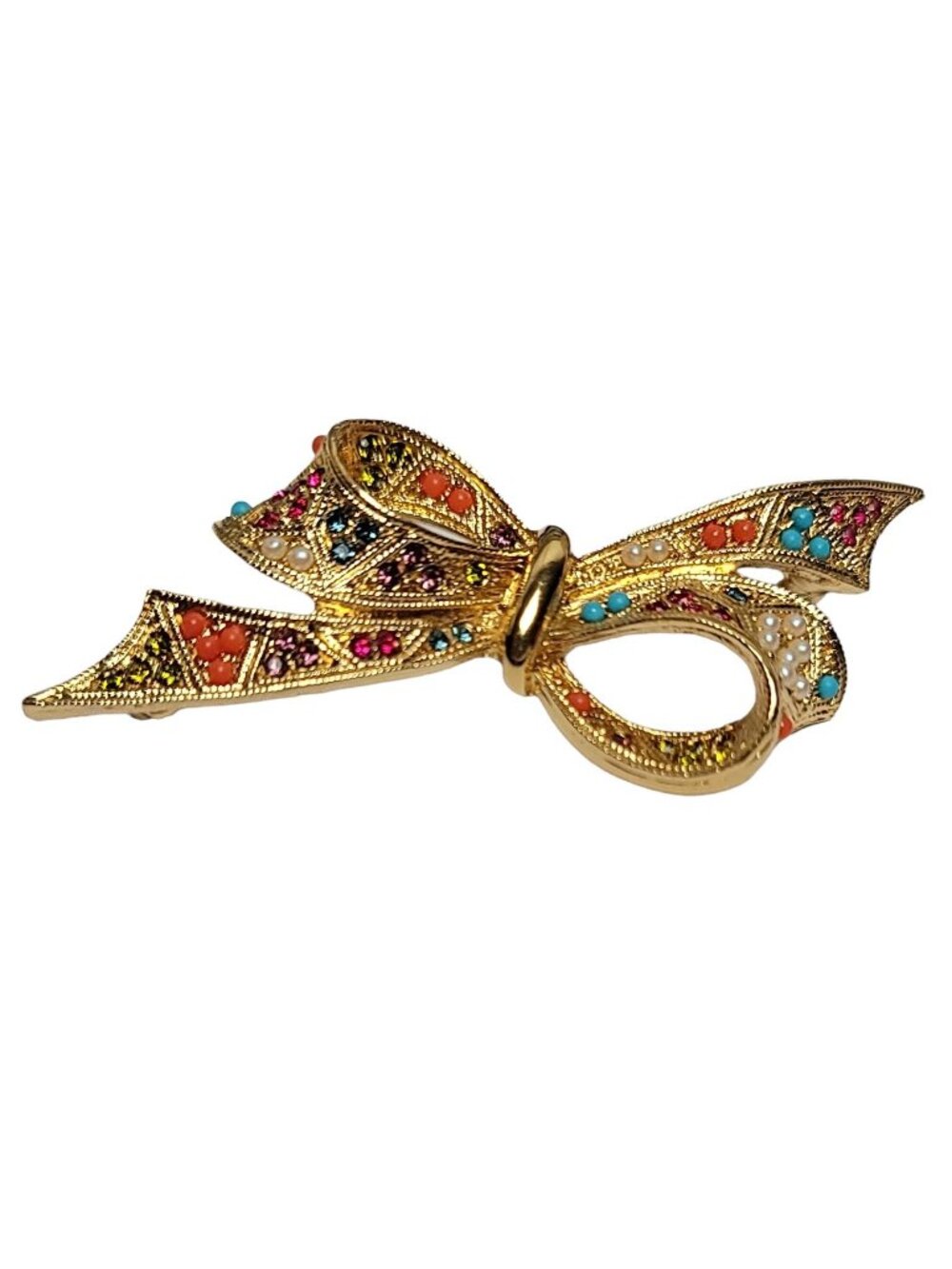 D'Orlan Gold-Tone Bow Ballotinis Beads Rhinestone Pin Brooch, Signed